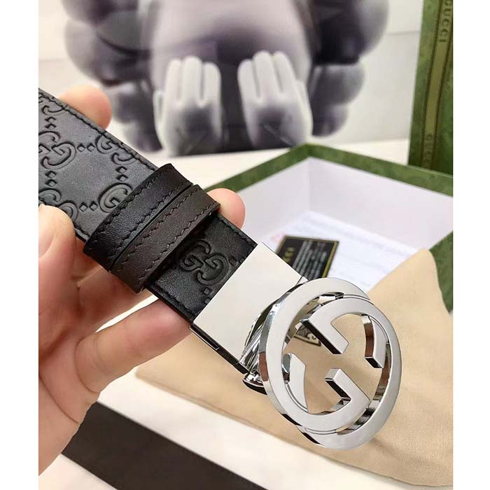 Gucci Unisex GG Reversible Gucci Signature Belt Black Leather Reverses To Brown Leather