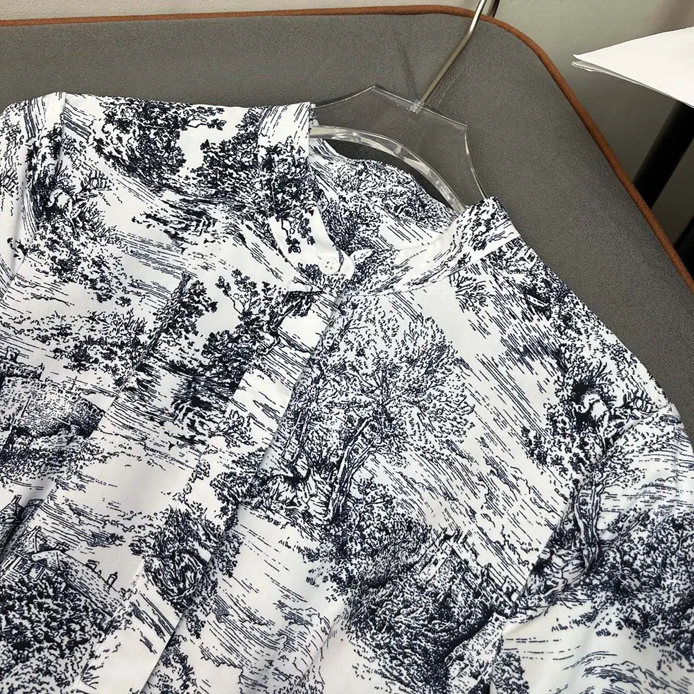 Dior Women Mid-Length Shirtdress White Cotton and Silk Poplin with Blue Toile de Jouy Scotland Motif