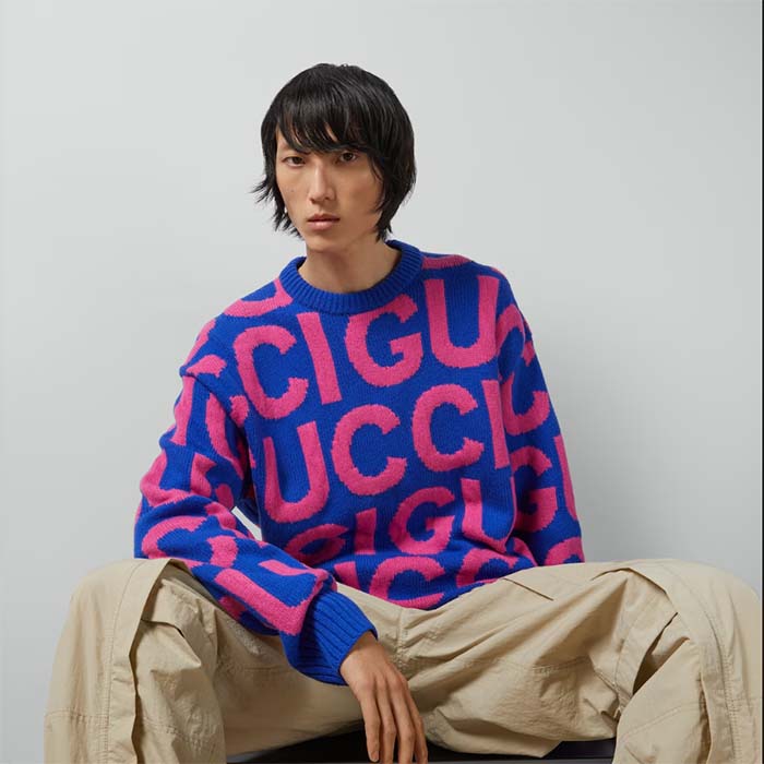 Gucci Men GG Wool Sweater Gucci Intarsia Blue Crewneck Dropped Shoulder