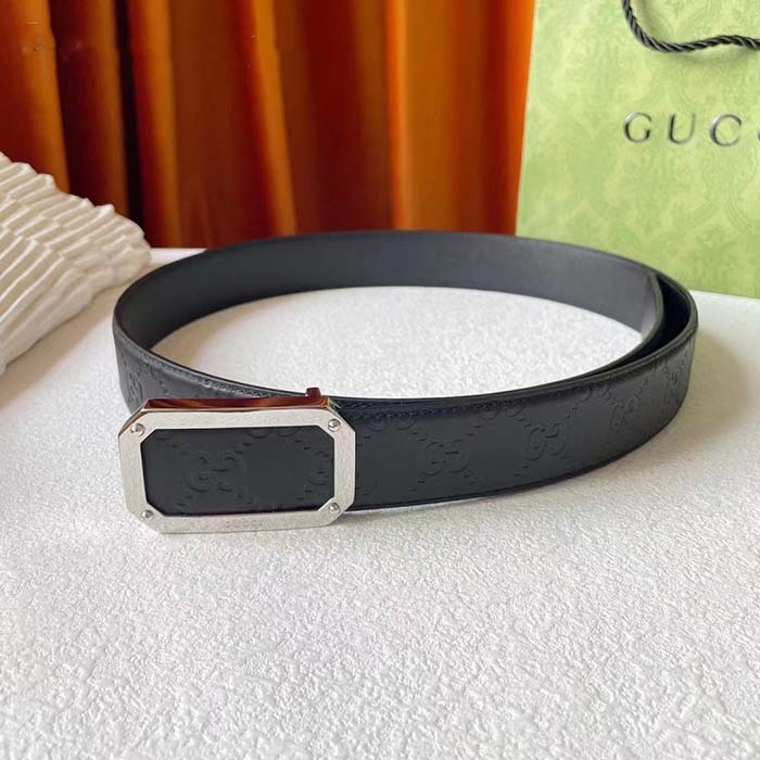 Gucci Unisex Signature Leather Belt Black Leather Rectangular Buckle Trademark 3.8 CM Width