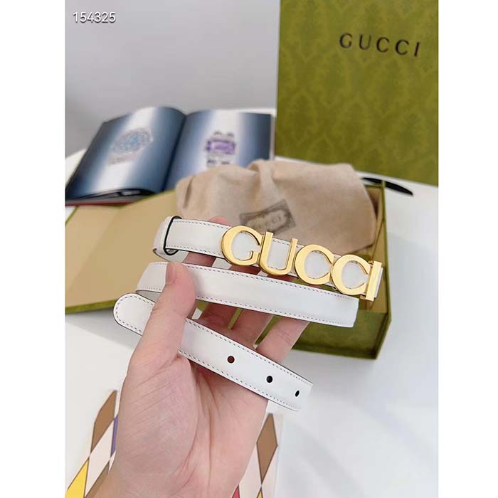 Gucci Unisex Buckle Thin Belt White Leather Gold-Toned Hardware 2 CM Width
