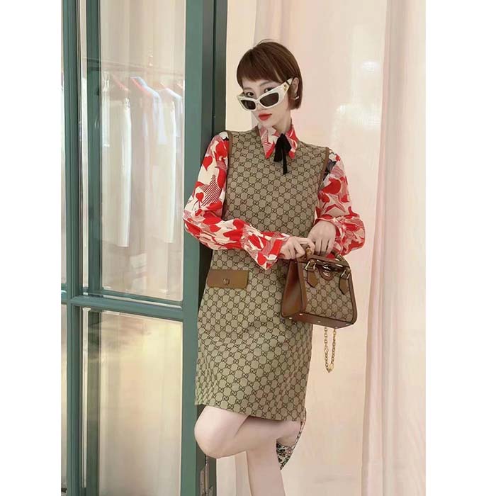 Gucci Women GG Canvas Dress Brown Beige Leather Unlined Crewneck Sleeveless