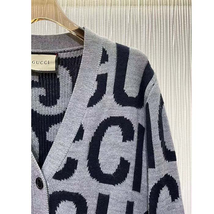 Gucci Women GG Cardigan Gucci Intarsia Grey Wool Blue V-Neck Dropped Shoulder Long Sleeves Two Pockets
