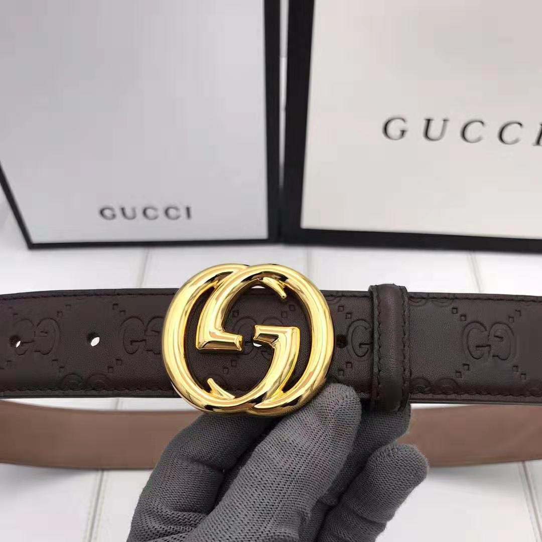 Gucci Unisex Gucci Signature Leather Belt with Interlocking G Buckle-Brown