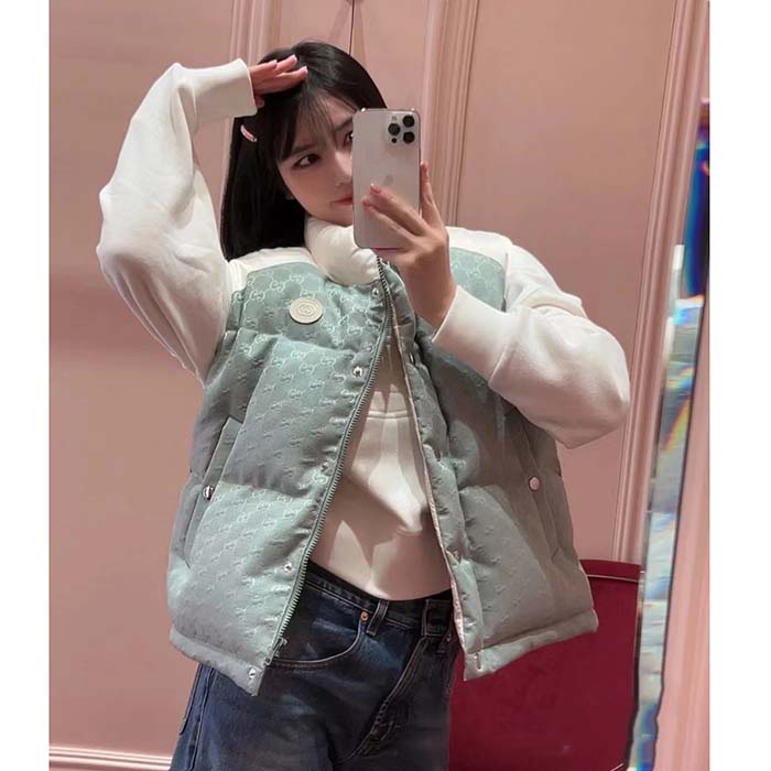 Gucci Women GG Cotton Canvas Padded Gilet Light Blue High Neck Interlocking G Sleeveless