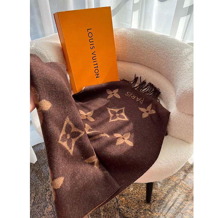 Louis Vuitton LV Unisex Reykjavik Scarf Dark Brown Cashmere Jacquard Weave Oversized Monogram