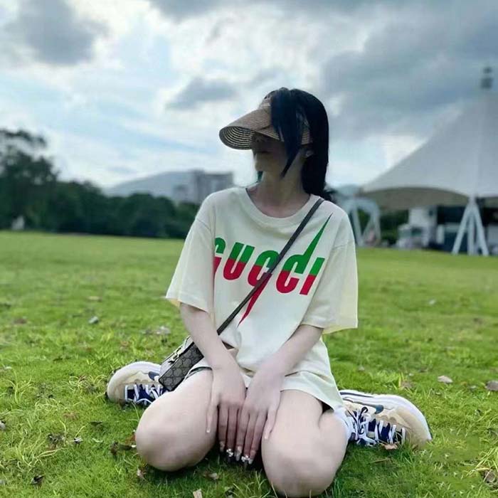 Gucci Women GG T-Shirt Gucci Blade Print White Cotton Jersey Crewneck