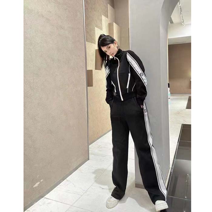 Gucci GG Women Cotton Jersey Zip Jacket Black Lightweight Felted Point Collar Long Sleeves