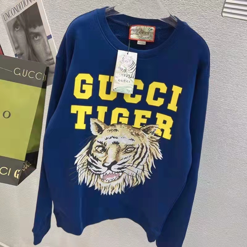 Gucci Women GG Tiger Cotton Sweatshirt Blue Felted Jersey Crewneck