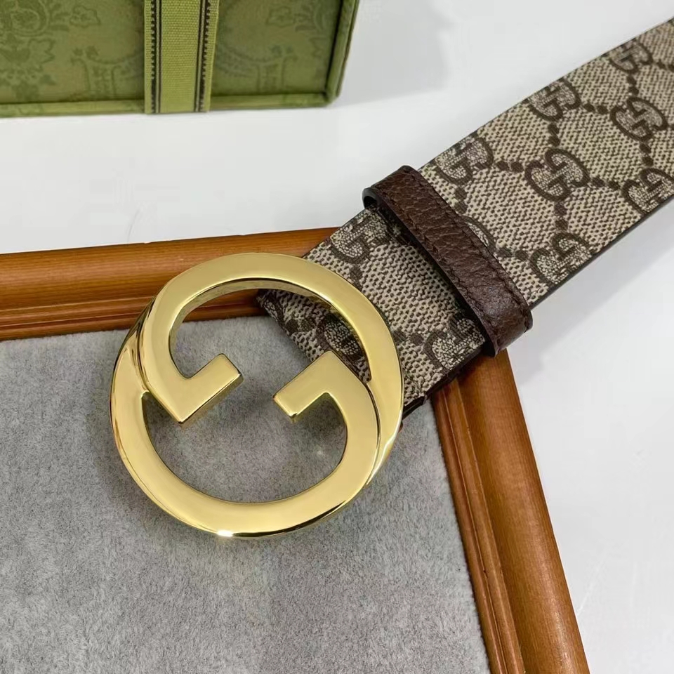 Gucci Unisex GG Blondie Belt Round Interlocking G Buckle Ebony Beige Supreme Canvas
