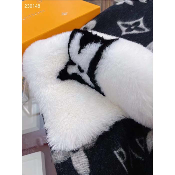 Louis Vuitton Unisex Cold Reykjavik Scarf Cashmere Mink Fur Black Jacquard LV Initials Monogram Flowers