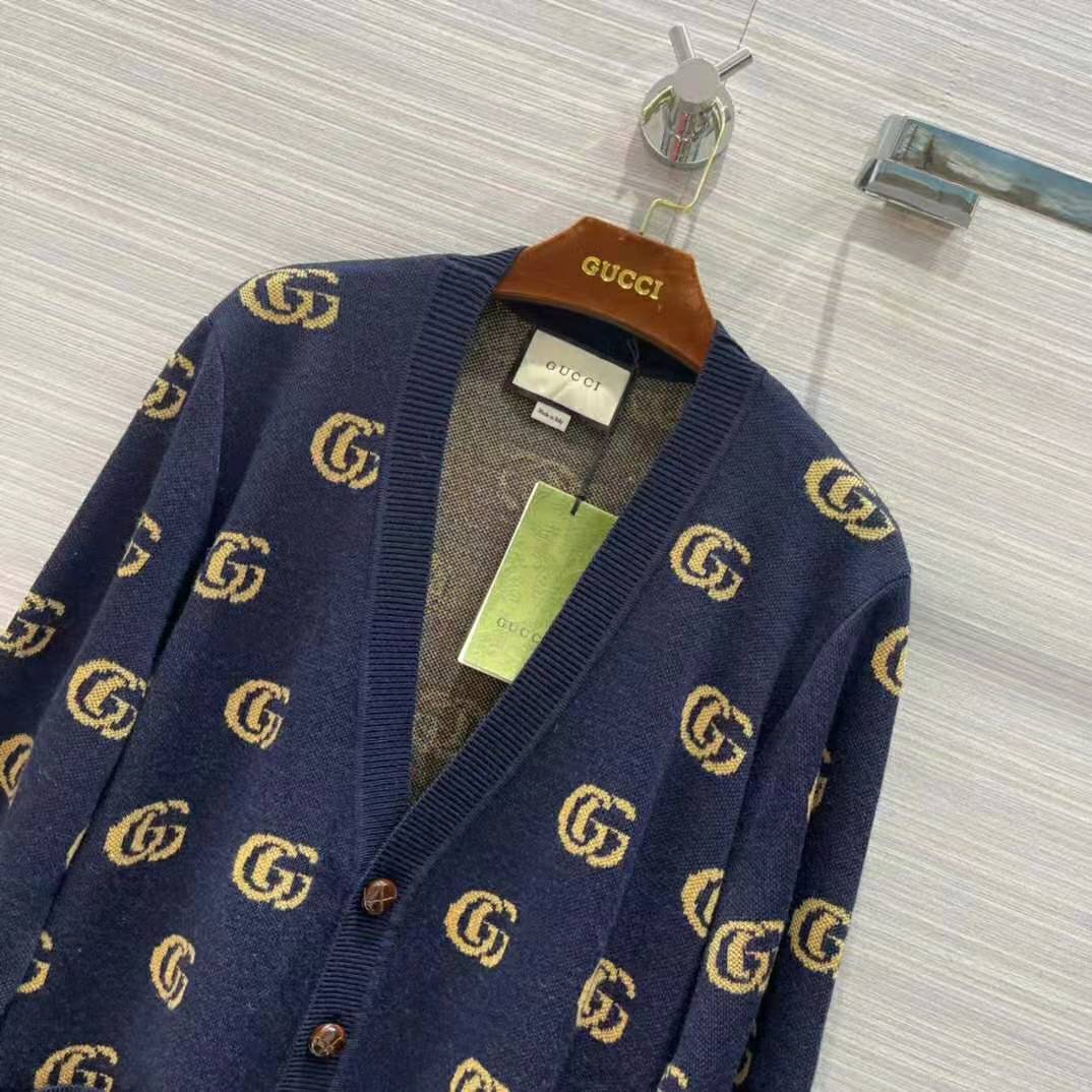 Gucci Women Double G Jacquard Wool Cardigan Front Pockets Blue and Beige