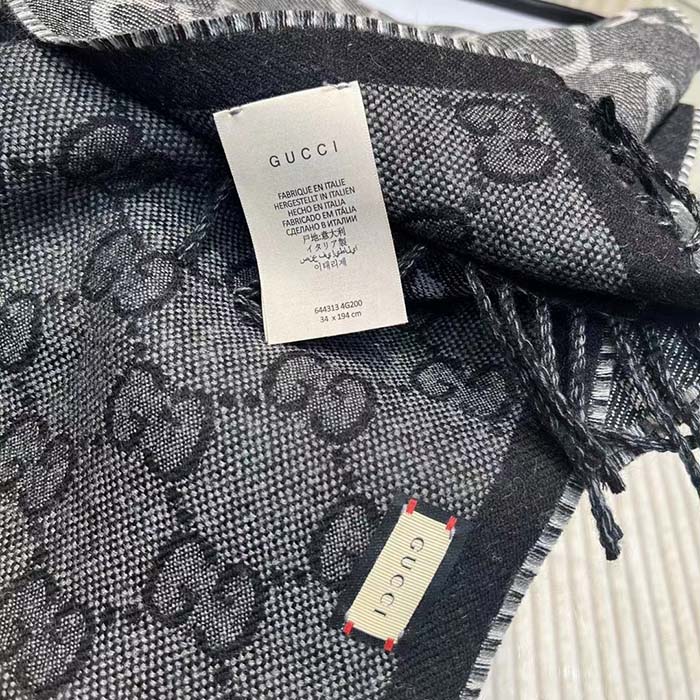 Gucci Unisex GG Jacquard Knit Scarf Tassels Grey Black Wool