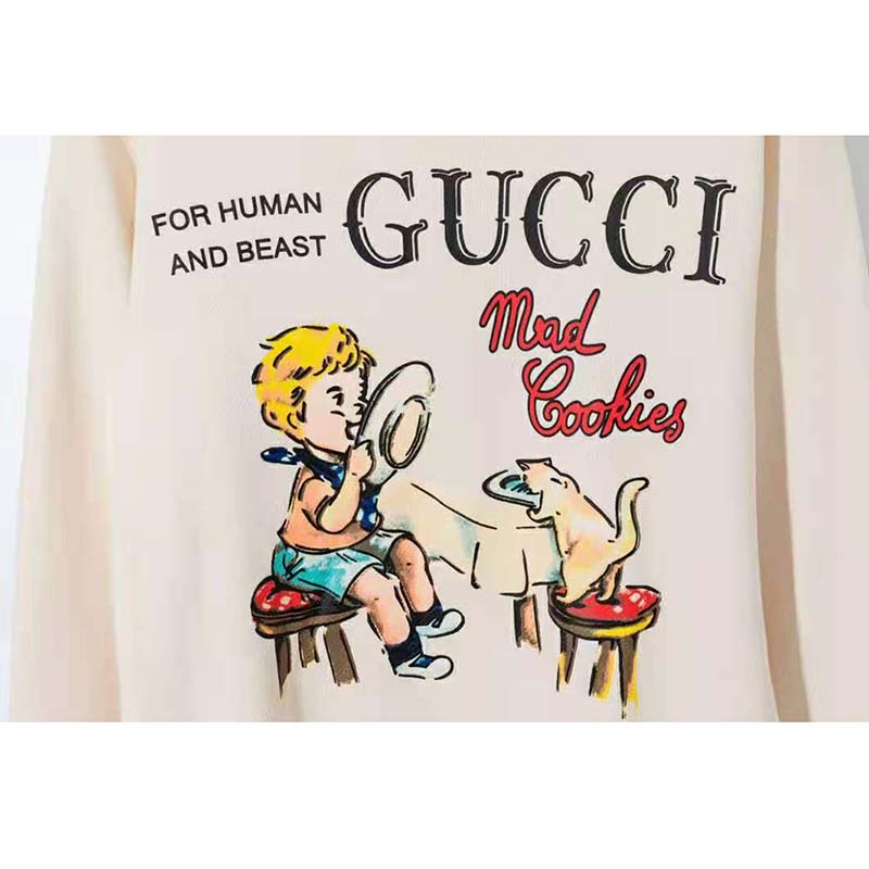 Gucci Men Gucci ‘Mad Cookies’ Print Sweatshirt Cotton Crewneck Slim Fit-White
