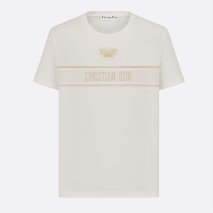 Dior Men CD Embroidered T-Shirt White Cotton Jersey Gold-Tone Signature