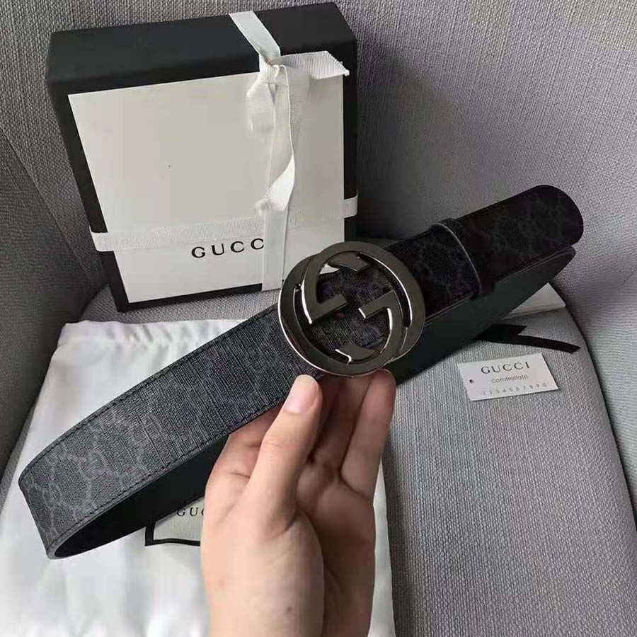Gucci Unisex GG Supreme Belt with G Buckle in Black/Grey GG Supreme Canvas