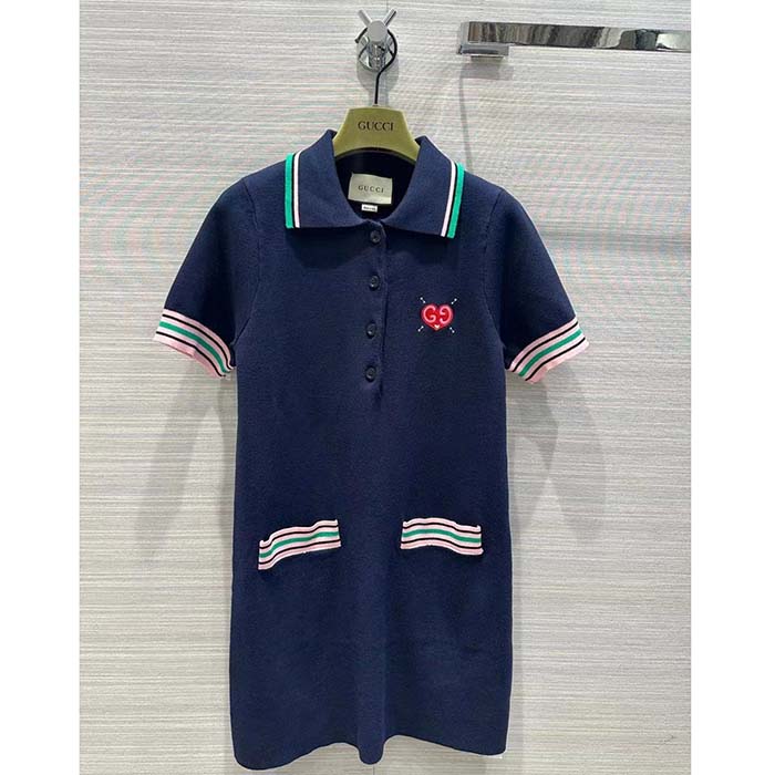 Gucci Women Fine Knit Dress Embroidery GG Heart Point Collar