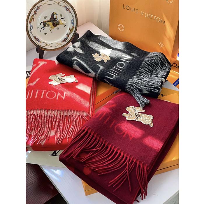 Louis Vuitton LV Women Precious Rabbit Essential Scarf Red Wool Jacquard Monogram