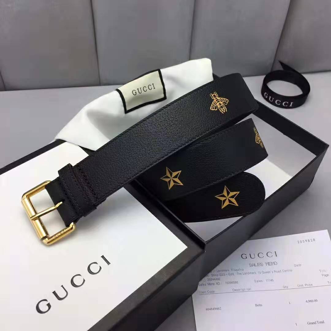 Gucci Unisex Belt with Bees and Stars Bet in Black Metal-Free Tanned Leather