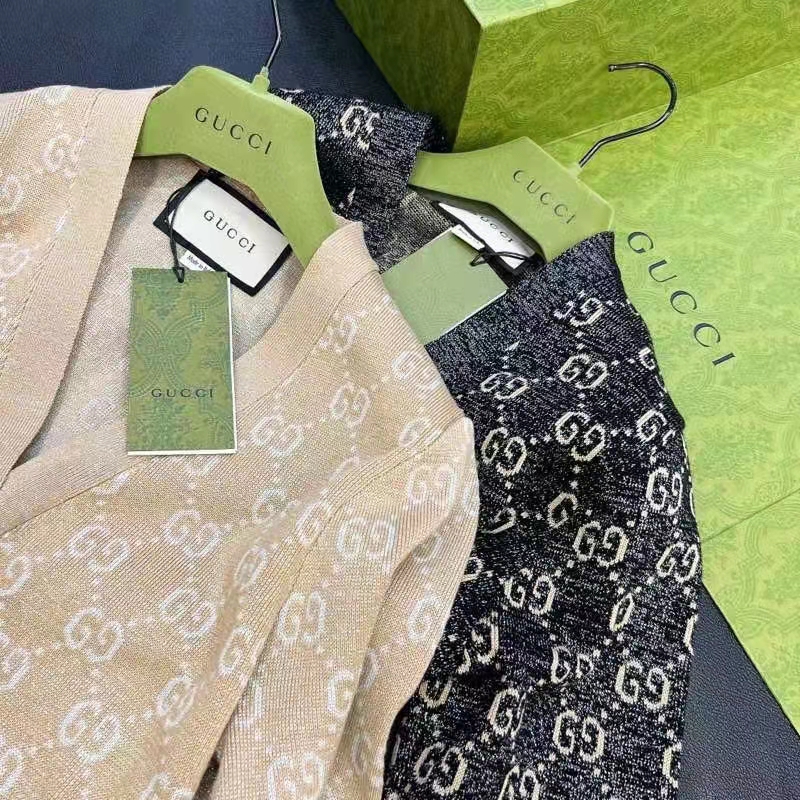 Gucci Women Lamé GG Jacquard Cardigan Camel Beige Fine Cotton