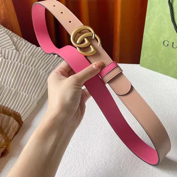 Gucci Women GG Marmont Reversible Belt Beige Pink Leather 3 CM Width Double G
