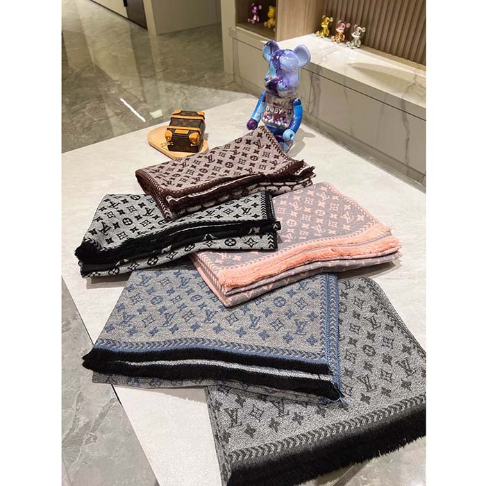 Louis Vuitton LV Unisex Simply LV Scarf Black Fringed Finish Contrasting Monogram Motif