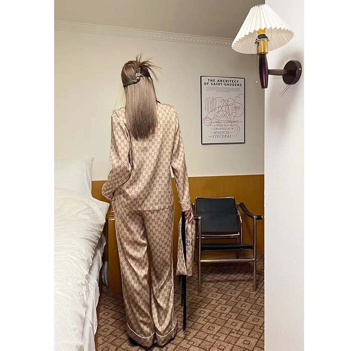 Gucci Women GG Supreme Silk Pant Beige Ebony Piped Unlined Elastic Waist Two Side Pockets Wide Leg