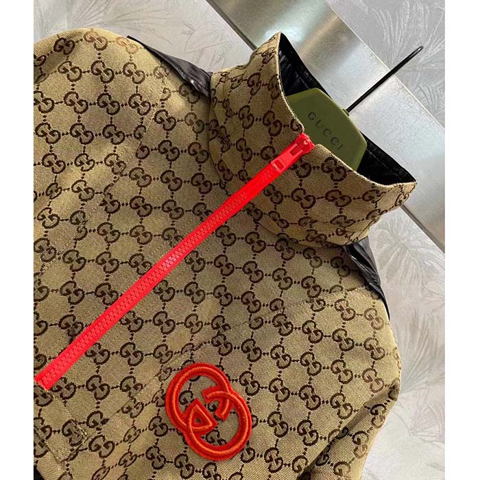 Gucci Women GG Canvas Nylon Zip Jacket Interlocking G Patch High Collar Drawstring Waistband