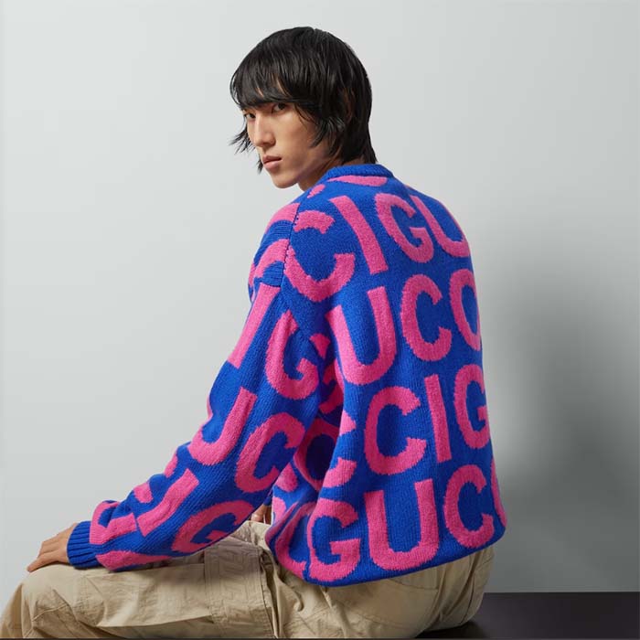 Gucci Men GG Wool Sweater Gucci Intarsia Blue Crewneck Dropped Shoulder