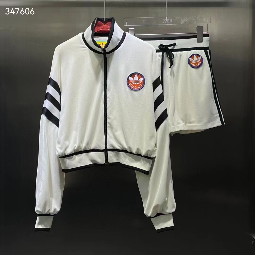 Gucci Women GG Adidas x Gucci Chenille Cropped Jacket Light Beige Cotton Chenille Trefoil