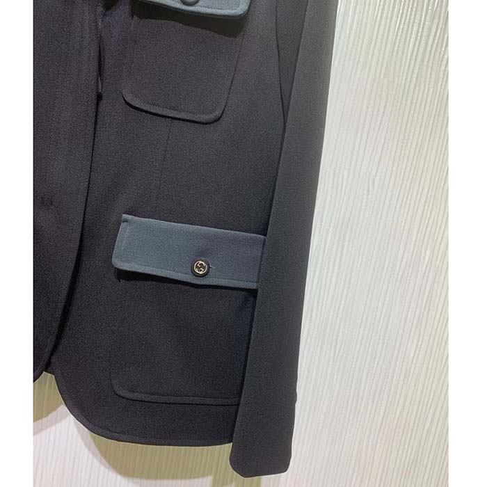 Gucci Women GG Fine Wool Crêpe Jacket Black Satin Unlined Notch Lapel Three Front Pockets