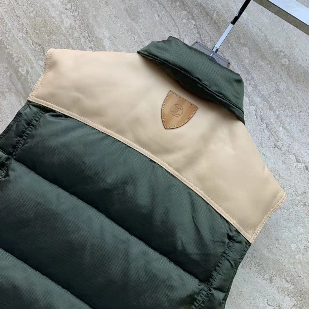 Louis Vuitton LV Women Leather Accent Sleeveless Puffer Jacket Khaki Beige Regular Fit