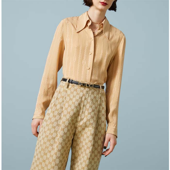 Gucci Unisex Buckle Thin Belt Black Leather Gold-Toned Hardware 1.5 CM Width