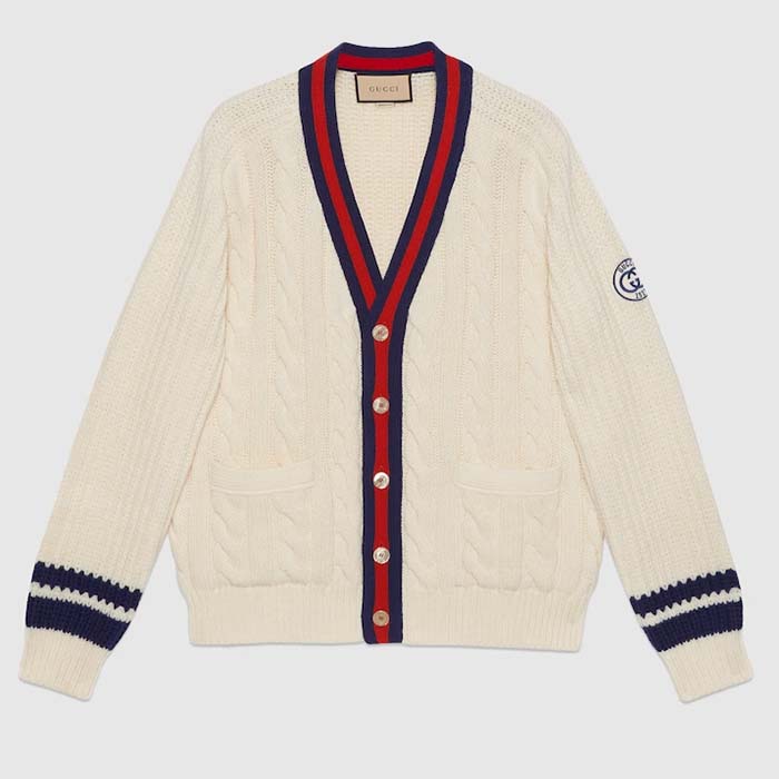 Gucci Women GG Cable Wool Knit Cardigan Web V-Neck Dropped Shoulder Two Front Pockets