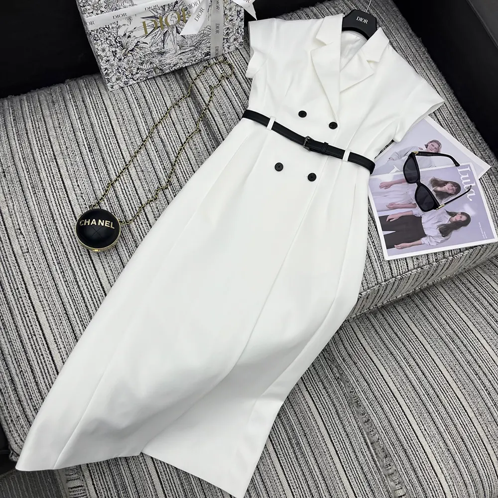 Dior Women Mid-Length Belted Dress Ecru Virgin Wool and Silk Grain de Poudre