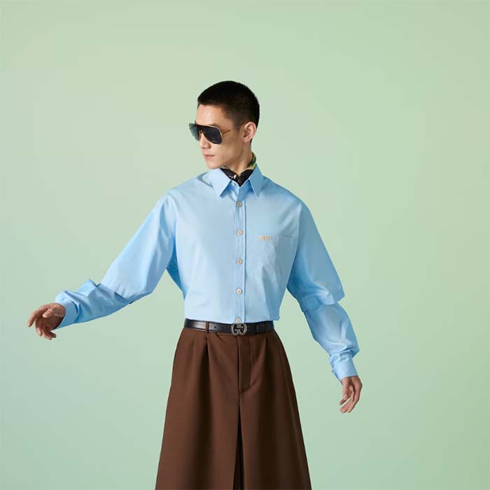 Gucci Men Cotton Poplin Embroidery Light Blue Piece Dyed Point Collar Detachable Sleeves
