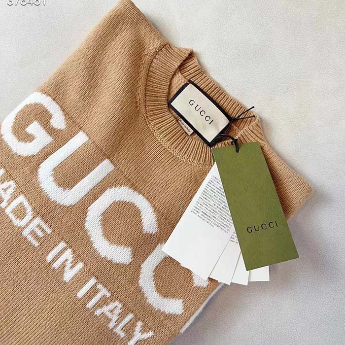 Gucci Women GG Wool Top Gucci Intarsia Camel Wool Crewneck Dropped Shoulder Long Sleeves Rib