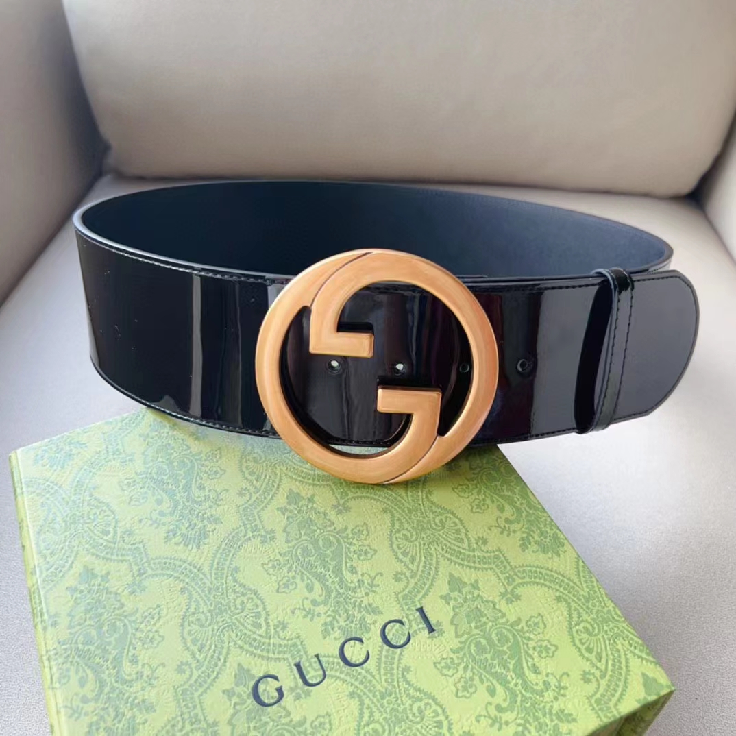 Gucci Unisex GG Blondie Wide Patent Belt Round Interlocking G 7 CM Width