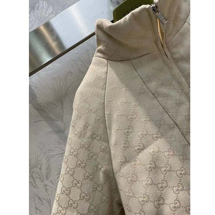 Gucci Women GG Canvas Bomber Jacket Cream Self-Covered Buttons Interlocking G Lined High Neck