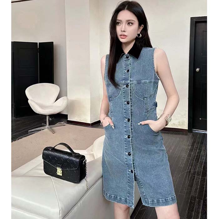 Louis Vuitton Women LV Velvet Accent Denim Dress Cotton Blue Regular Fit 1AFDDN