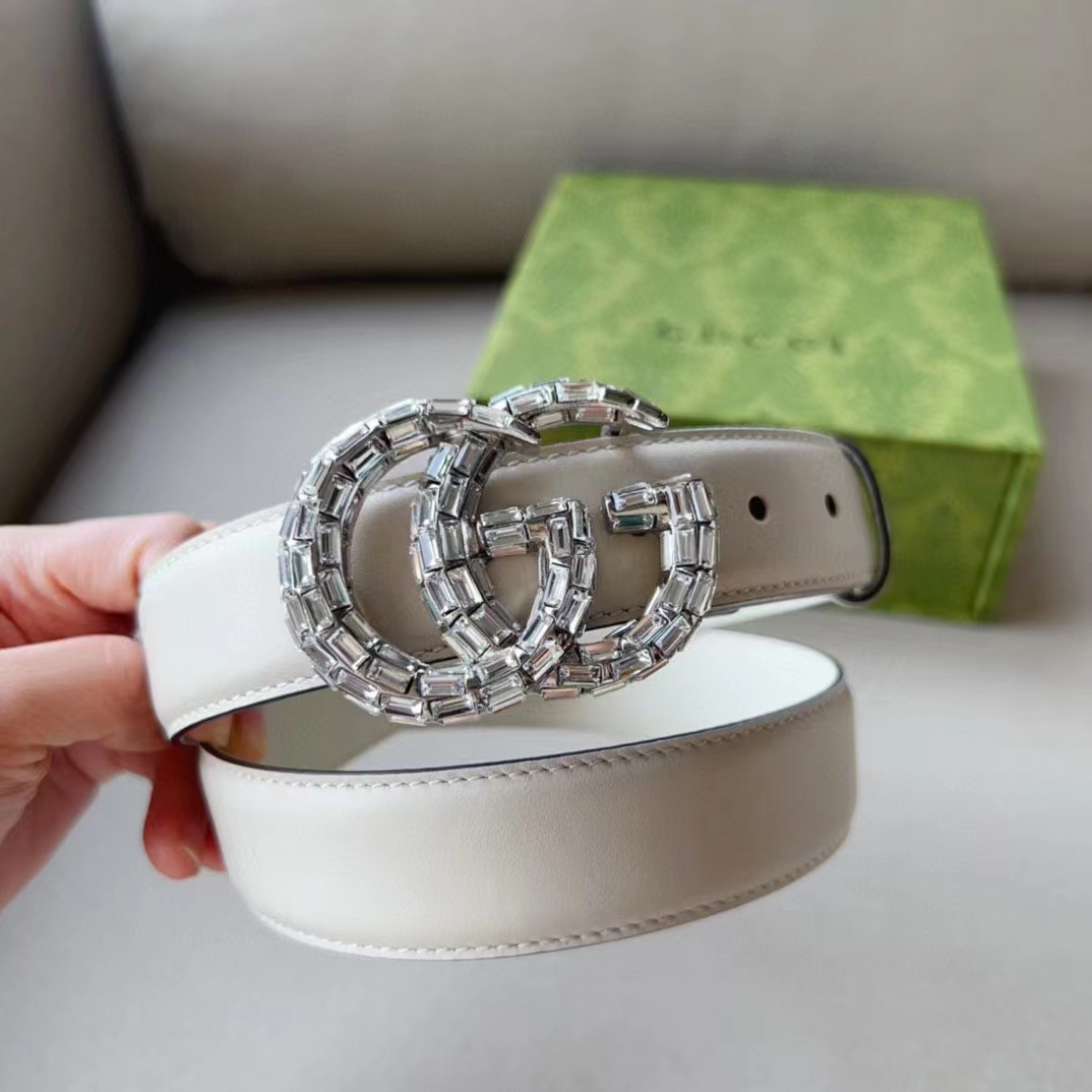 Gucci Unisex GG Marmont Thin Belt Crystals White Leather Double G Buckle 3 CM Width