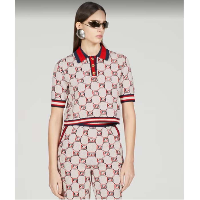Gucci Women GG Cotton Jacquard Polo Shirt Ivory Red Polo Collar Short Sleeves