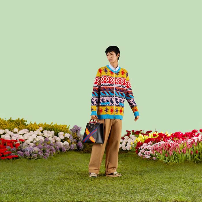 Gucci Men GG Wool Jacquard Zip Jacket Multicolor Geometric Motif Wool Bunny Label