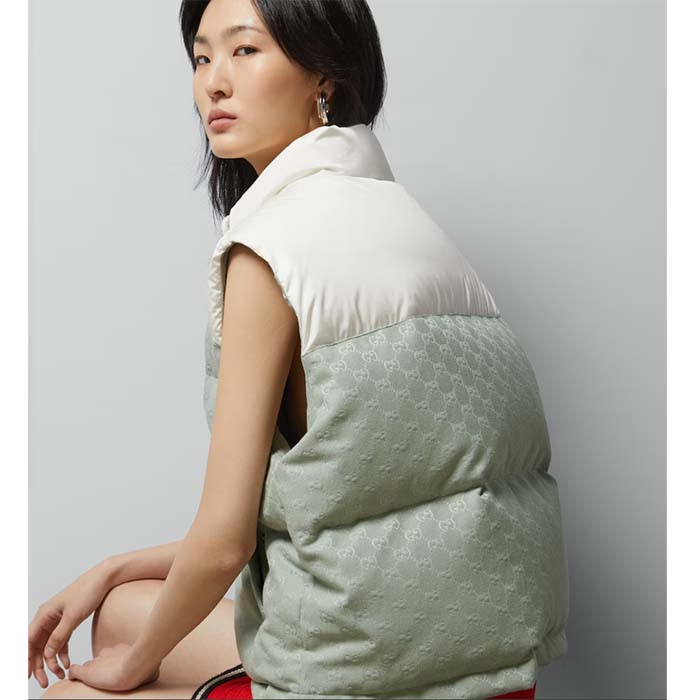 Gucci Women GG Cotton Canvas Padded Gilet Light Blue High Neck Interlocking G Sleeveless