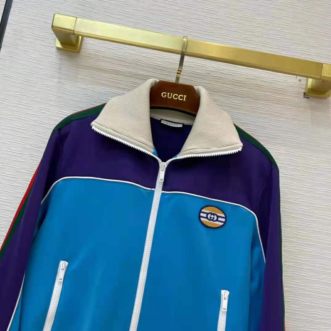 Gucci Women Technical Jersey Zip-Up Jacket with Web Interlocking G-Blue