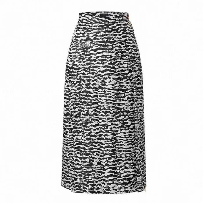 Louis Vuitton Women LV Ink Tiger Asymmetrical Pleat Midi Skirt Silk Black White Regular Fit