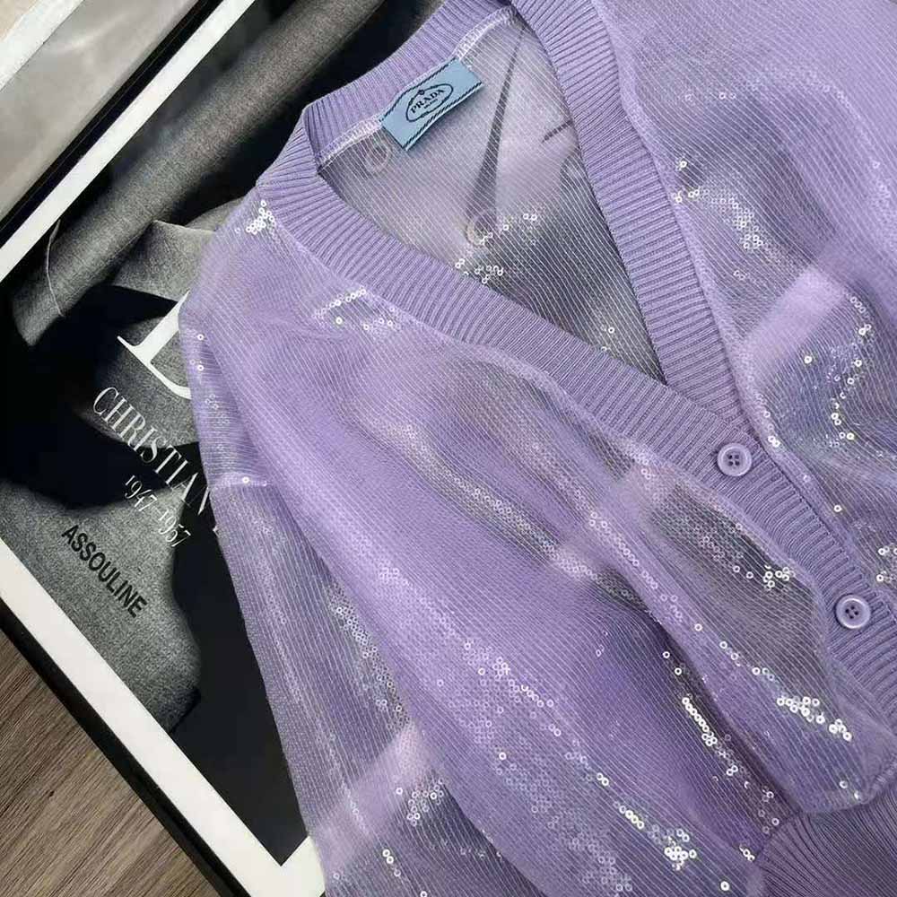 Prada Women Sequin-Embroidered Tulle Crop Top-Purple