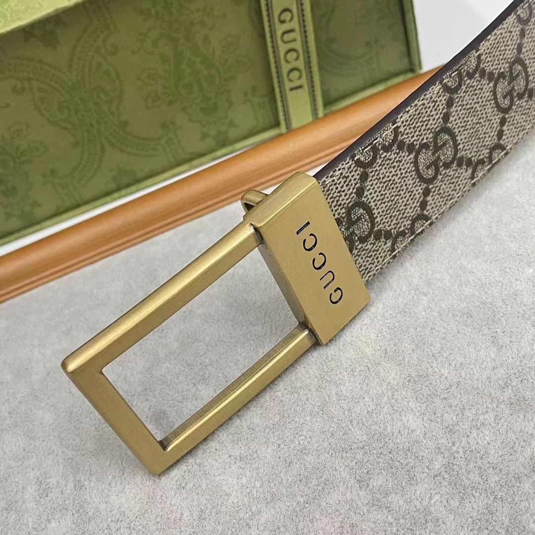 Gucci Unisex Belt Rectangular Buckle Beige Ebony GG Supreme Canvas 3.6 CM Width