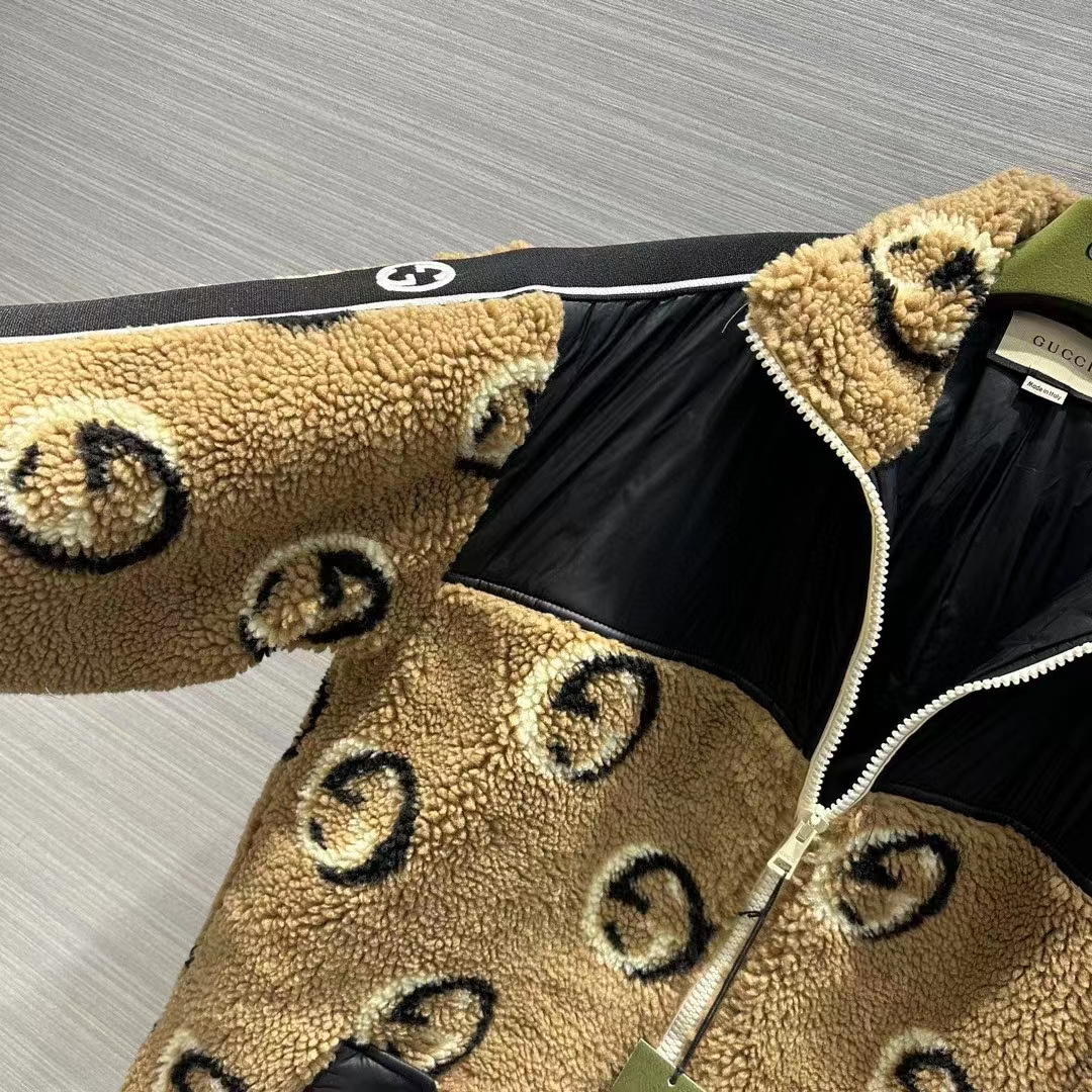 Gucci Women GG Wool Fleece Jacquard Zip Jacket Lined High Neck Dropped Shoulder Nylon Inserts