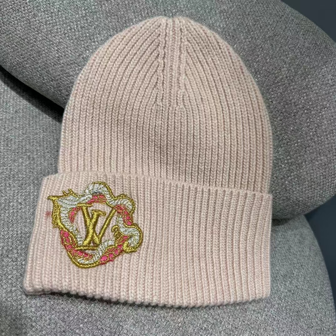 Louis Vuitton Unisex Precious Dragon Beanie Pink Wool Coiled Dragon Patch LV Signature